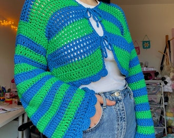 PDF crochet pattern- Striped bow tie cardigan by Realm designs