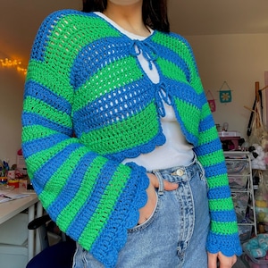 PDF crochet pattern- Striped bow tie cardigan by Realm designs