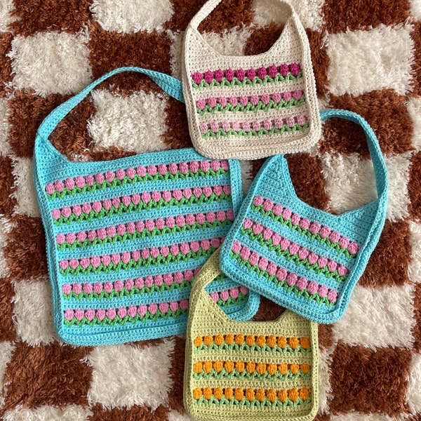 PDF crochet pattern- Tulip stitch flower garden bag by Realm designs
