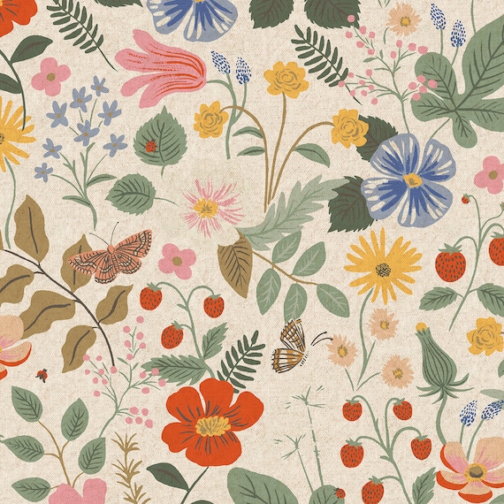 Strawberry Fields Linen Canvas Fabric Rifle Paper Co Cotton Steel