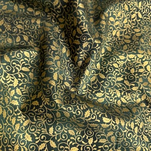 Holiday Wishes - Mistletoe Scroll Hunter/Gold - Metallic Cotton Fabric