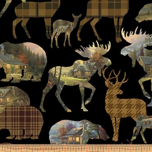 Cozy Cabin - Scenic Woodland Animals Black/Multi Fabric by Thomas Kinkade - Cotton Fabric