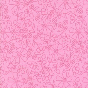 May include: A pink fabric with a repeating pattern of outlined flowers and leaves. The design features various sizes of flowers and small clusters of blossoms, creating a delicate and feminine aesthetic. The background is a solid, soft pink.