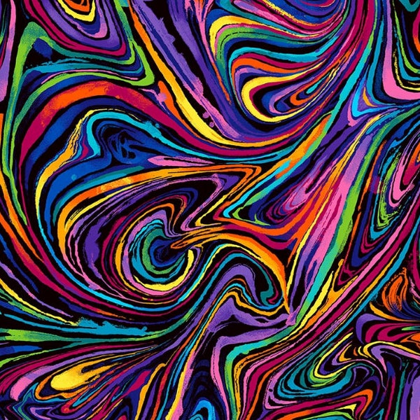Timeless Treasures - Glow - Bright Rainbow Swirls Fabric by Chong-a Hwang - Cotton Fabric