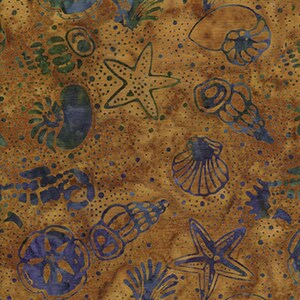 May include: A fabric with a repeating pattern of seashells and starfish in shades of blue, green, and brown. The design includes various shell shapes and starfish scattered across a textured, sandy-colored background. The overall theme is nautical.