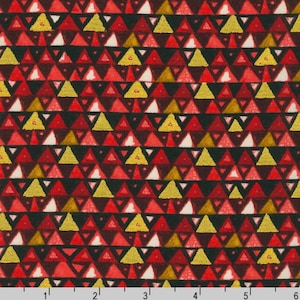 May include: A red, yellow, and white geometric pattern fabric with a black background. The pattern is made up of small triangles.