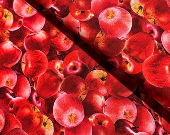 May include: A close-up image of a fabric with a repeating pattern of red apples. The apples are arranged in a random pattern and are all the same size. The fabric is a soft, textured material.