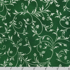 Robert Kaufman - Holiday Flourish-Snow flower - Swirls Green Silver Fabric - Metallic Cotton Fabric