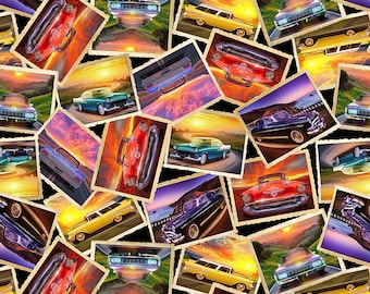 Route 66 – Classic Cars on Sunset Fabric by Timeless Treasures | Vintage Car Fabric