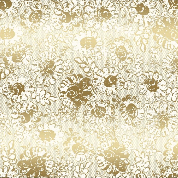 RJR Fabrics - Shiny Objects - Precious Metals - Lustrous Lace Gold Metallic Fabric by Flaurie & Finch - Metallic - Cotton Fabric