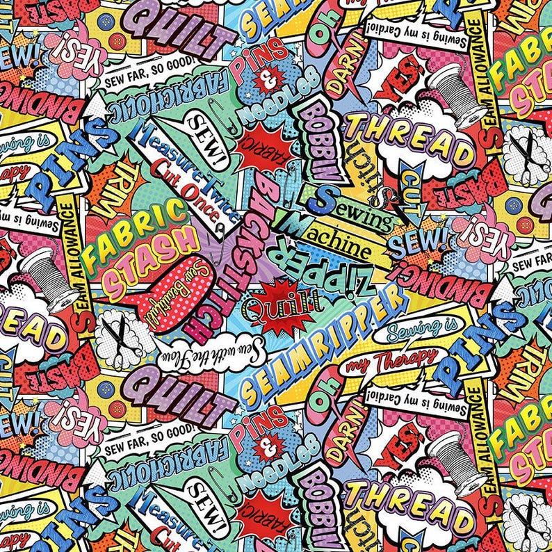 Sew Strong - Sewing and Quilting Words Comic Fabric - Cotton Fabric - Etsy