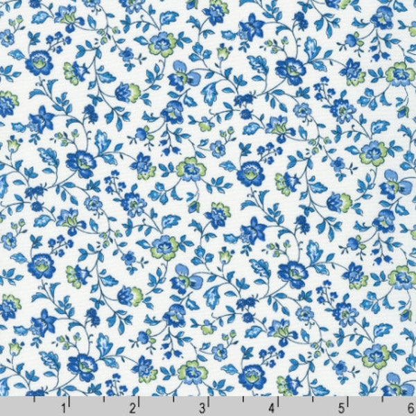 Robert Kaufman - Sevenberry Vintage Mini Fleur - Tessuto floreale blu - Tessuto di cotone