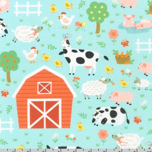 Robert Kaufman - Cuddly Countryside - Farm Animals on Blue - Cotton Fabric