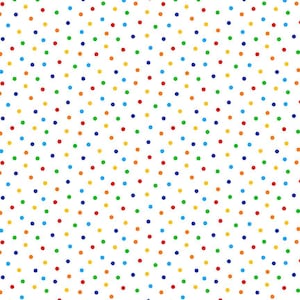 Könnte beinhalten: Weißer Hintergrund mit einem sich wiederholenden Muster aus bunten Punkten. Die Punkte sind rot, orange, gelb, grün und blau. Die Punkte sind gleichmäßig über die Oberfläche verteilt.