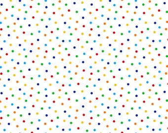 Stof met stippen en confetti | Kleurrijke regenboogstippen op wit | Tijdloze schatten van katoen