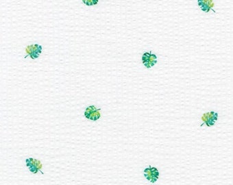 Estampados de Seersucker Coast - Hojas sobre tela blanca - Ancho 56" - Mezcla de algodón y poliéster