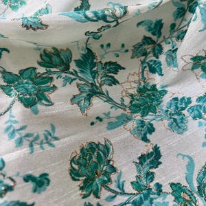 Teal Artificial Silk - Screen Print with Gold Thread Embroidery/Lustrous Fabric