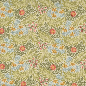 May include: A detailed floral pattern with a cream background, featuring green leaves, red flowers, yellow accents, and blue details. The design is reminiscent of vintage botanical illustrations, suitable for fabric or wallpaper.