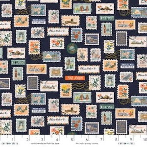 Bon Voyage - Francobolli Tessuto Metallico Blu Navy di Rifle Paper Co. - Metallico - Tessuto di Cotone