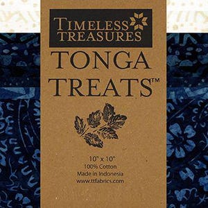 May include: A package of three 10-inch by 10-inch cotton fabric squares with a blue and white batik pattern. The package is labeled "TIMELESS TREASURES TONGA TREATS™".
