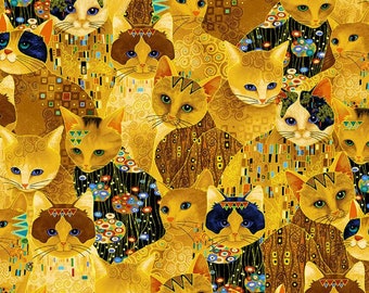 Timeless Treasures - Cleo - Golden Bejeweled Cats Fabric by Chong-a Hwang - Metallic - Cotton Fabric