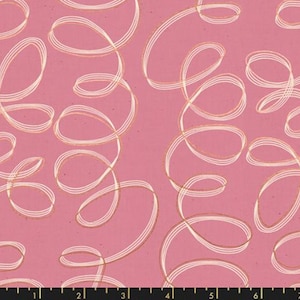 May include: Pink fabric with a white and gold abstract pattern of overlapping circles and swirls.