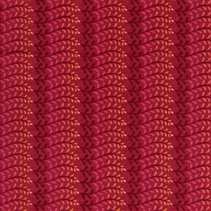 May include: Red fabric with a repeating pattern of small, stylized branches in shades of pink, orange, and yellow.