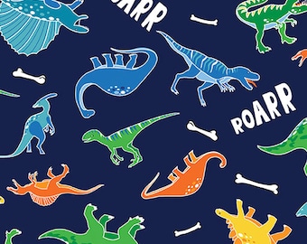 Świecący w ciemności - Glow-O-Saurus - Dino Friends Navy Fabric by Kanvas Studio - Tkanina bawełniana