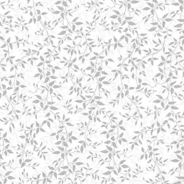 Hoffman Fabrics - Sparkle and Fade - Leaves On Vines White/Silver Fabric - Metallic - Cotton Fabric