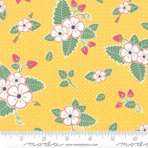 May include: Yellow fabric with a white flower and green leaf pattern. The fabric has a small white and yellow checkered pattern. The fabric has the text "moda" printed on it.
