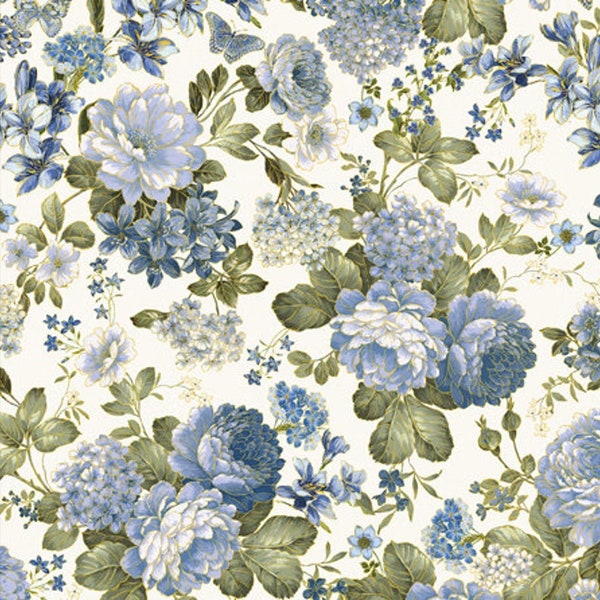 Benartex - Blue Symphony - Garden Cream Gold Metallic Fabric by Kanvas Studio - Metallic Cotton Fabric