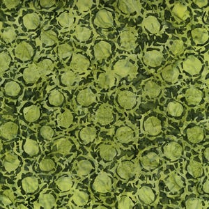 May include: A fabric with a repeating pattern of light green circles outlined in dark green. The circles have a textured appearance, and the dark green outlines create a network of shapes across the fabric's surface. The overall effect is organic and visually complex.