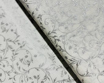 Holiday Flourish-Snow flower - Swirls Ice Silver Fabric - Metallic Cotton Fabric