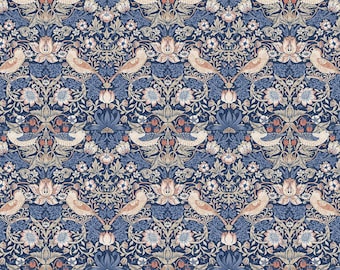May include: A repeating pattern featuring birds, flowers, and berries in shades of blue, beige, and red. The design is symmetrical, with birds facing each other and floral elements filling the spaces. The overall aesthetic is reminiscent of vintage textile designs.
