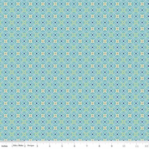 May include: A teal blue fabric with a repeating pattern of white, yellow, and green stylized floral designs.