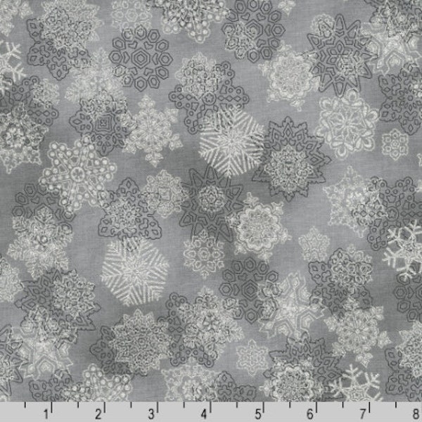 Robert Kaufman - Holiday Flourish-Snow flower - Snowflakes Pewter Silver Fabric - Metallic Cotton Fabric
