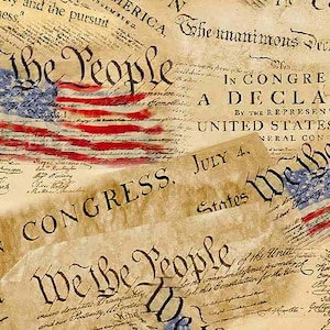 May include: A vintage-style fabric featuring a repeating pattern of the Declaration of Independence and the US flag. The text includes "We the People" and "July 4th".