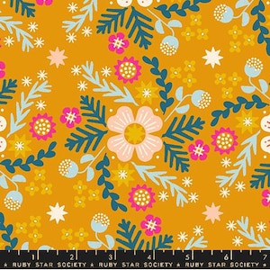 May include: Mustard-colored fabric with a repeating floral pattern. The design features large pink and white flowers, teal fern-like leaves, and small yellow and white star-shaped accents. The text "RUBY STAR SOCIETY" is printed along the bottom.