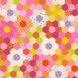 May include: A vibrant patchwork quilt with a repeating hexagonal pattern. The quilt incorporates diverse patterns such as polka dots, floral prints, and geometric designs, in shades of pink, orange, yellow, and green. Some hexagons feature whimsical illustrations.