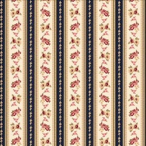 Puede incluir: Un patrón sin costuras que presenta rayas verticales en azul marino y beige con un diseño floral. El diseño floral incluye flores rosas y crema con hojas verdes.