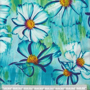 Blue Paradise Sun-Drenched - Patio Garden Aqua/Green Fabric by Maria Kalinowski - Cotton Fabric
