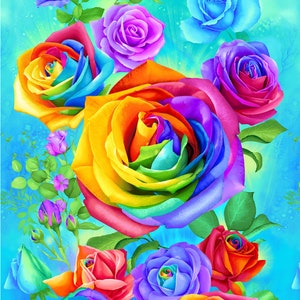 Timeless Treasures. Rainbow Rose. Rainbow Roses Panel 2/3 Yd