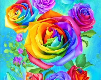 rainbow-rose  Timeless Treasures. Rainbow Rose. Rainbow Roses Panel 2/3 Yd