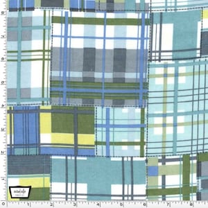 Puede incluir: Una tela de patchwork con un patrón de cuadros azules, verdes y blancos. La tela está compuesta por diferentes cuadrados de tela, cada uno con un patrón de cuadros diferente. La tela es perfecta para acolchar, coser y hacer manualidades.