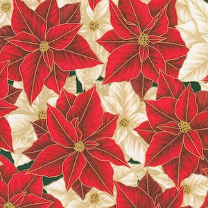 Holiday Flourish - Festive Finery - Packed Poinsettias Crimson Gold Fabric - Metallic Cotton Fabric