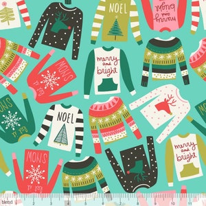 Snugly Sweaters - Holiday Jumper Blue Fabric by Maude Asbury - Cotton Fabric