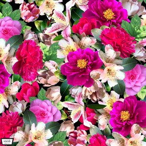 May include: A vibrant floral pattern featuring pink, white, and yellow flowers. The pattern includes peonies, lilies, and other blooms. The background is black.