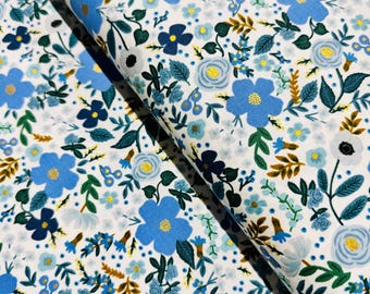 Wild Rose Blue Metallic Cotton Fabric - Rifle Paper Co. Garden Party