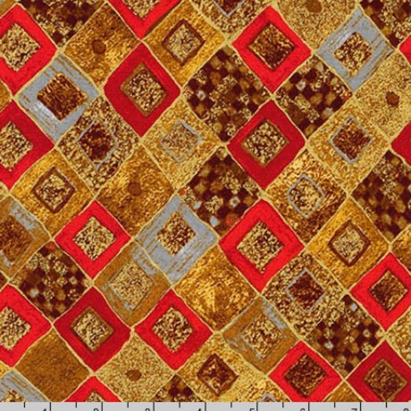 Robert Kaufman - Gustav Klimt - Gold Metallic Diamonds and Squares Red - Metallic Cotton Fabric