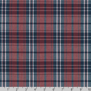 May include: Red, blue, and white plaid fabric with a subtle texture. The fabric is woven with a fine, even weave and has a soft, comfortable feel.